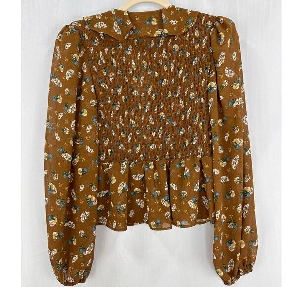 ASTR the Label Brown Ditsy Floral Ruffle Long Sleeve Smocked Top NWT Size Small - Picture 6 of 9
